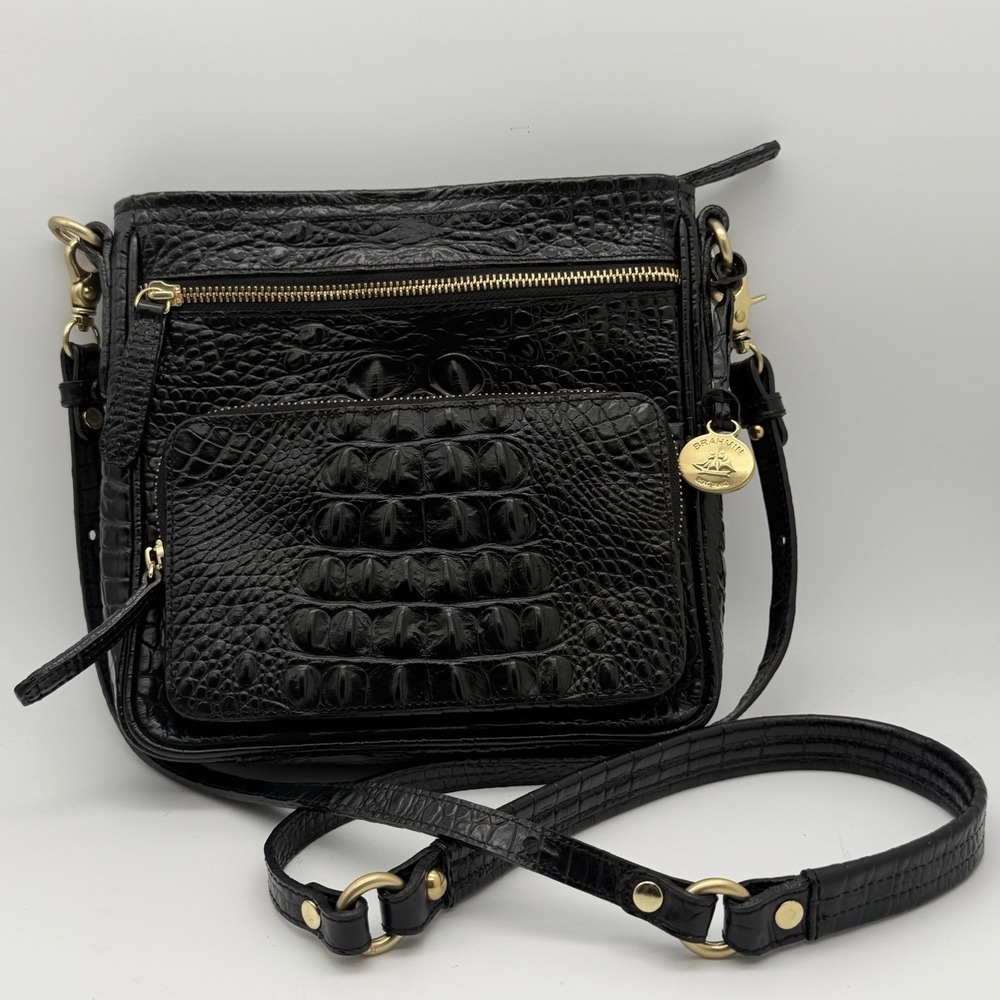 Brahmin Cleo Melbourne Black Croc Embossed Leather Crossbody Bag Gold Hardware